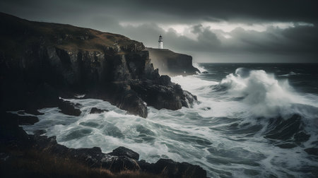Lighthouse on a stormy day, Cornwall, England, UKの素材