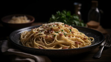 Spaghetti carbonara with bacon and parmesan cheese on black backgroundの素材