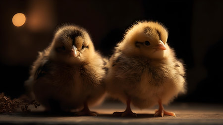 Little yellow chickens on a black background. Shallow depth of field.の素材