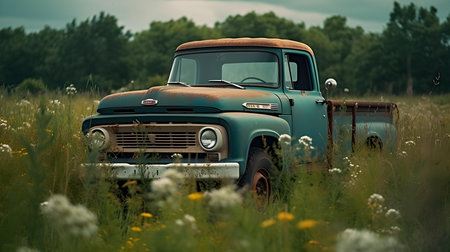 Vintage pickup truck in the field with wildflowers, retro styleの素材