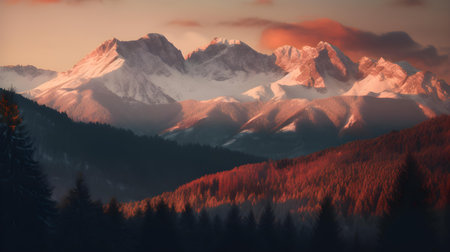 Mountain landscape with snow covered peaks and coniferous forest at sunsetの素材