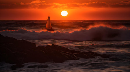Beautiful sunset on the sea with a sailboat in the foregroundの素材