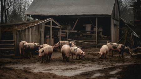 pigs in the paddock on a foggy winter day.の素材
