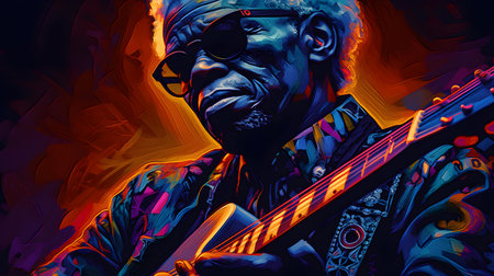 Portrait of african american jazz musician with guitar. Colorful background.の素材