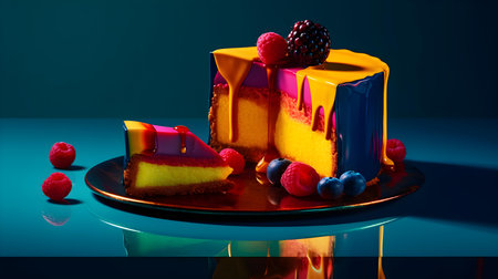 Piece of cake with berries on a dark blue background with reflectionの素材