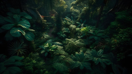 Beautiful jungle with green trees and ferns, 3d renderの素材