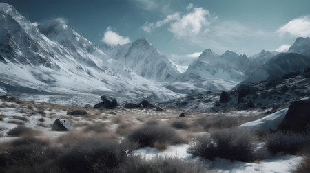 Beautiful panoramic view of snowy mountain peaks in the cloudsの素材