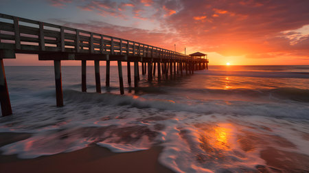 Wooden pier at sunset, Newport Beach, California, USA.の素材