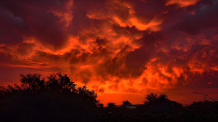 Dramatic sunset sky with red and orange clouds and silhouettes of treesの素材