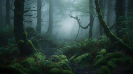 Mysterious dark forest with fog. Dark forest with mossy tree trunks.の素材