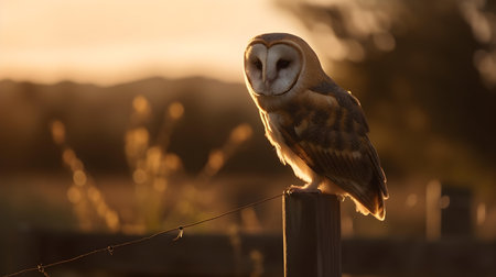 Barn Owl (Tyto alba) sitting on a fence at sunsetの素材
