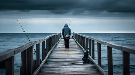 Fisherman on a wooden pier at the Baltic Sea in Polandの素材