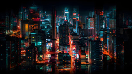 Cityscape at night. Cityscape with skyscrapers at nightの素材