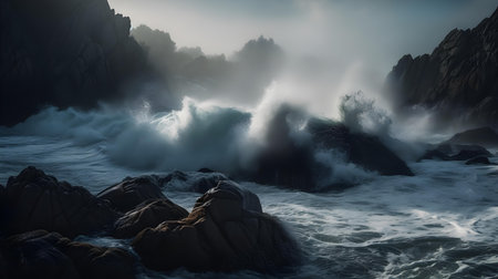Stormy sea with big waves breaking on rocks. Long exposure.の素材
