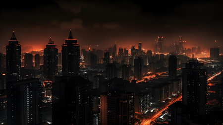 Foggy city at night. 3D rendering. Global warming conceptの素材