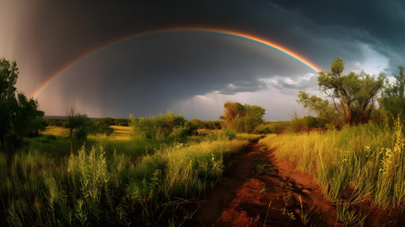Rainbow over the road in the steppe. Panoramic imageの素材
