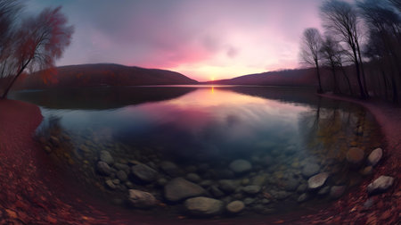 Beautiful panoramic landscape of sunset over lake with reflection in waterの素材