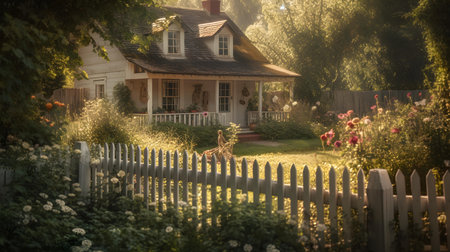 Beautiful garden in the morning with white picket fence and wooden houseの素材