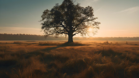 Old oak tree in misty meadow at sunrise. Nature composition.の素材