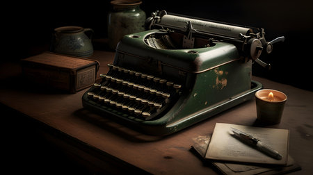 Vintage typewriter on a wooden table with a notebook and a candleの素材