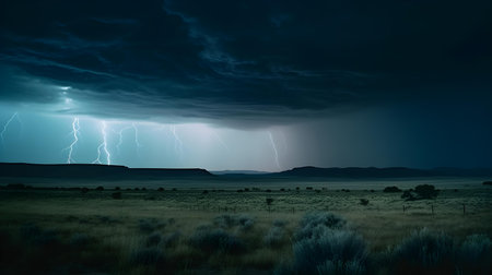 Thunderstorm over the plains of South Africa, with lightning in the skyの素材
