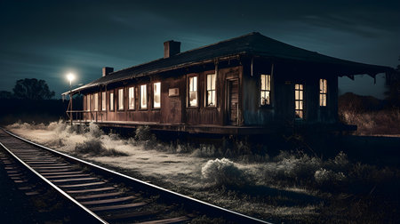 Old wooden railway station at night. Retro style toned image.の素材