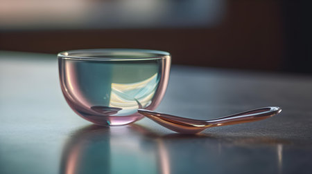 Glass cup and spoon on table in coffee shop, shallow depth of fieldの素材