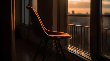 Modern chair near window at sunset, closeup. Space for textの素材