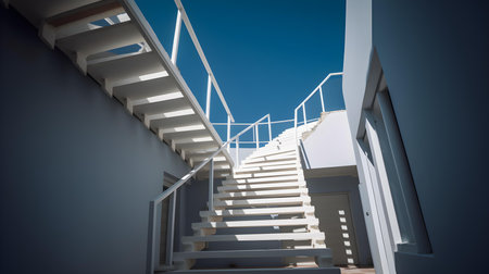3d render of stairway in modern building with blue sky backgroundの素材