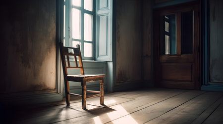 Wooden chair in an empty room with a window in the backgroundの素材