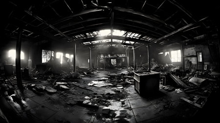 Abandoned industrial interior of an old factory building. Black and white photography.の素材