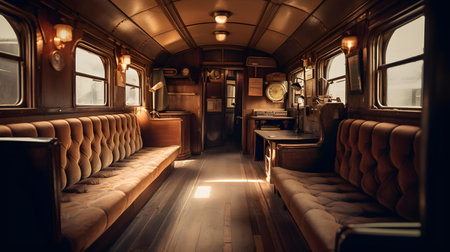 Interior of a vintage train with leather seats and wooden floor.の素材