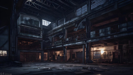 Industrial interior of abandoned factory. 3d rendering toned imageの素材