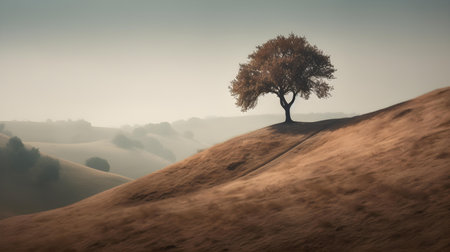 Lonely tree on a hillside in the misty morningの素材
