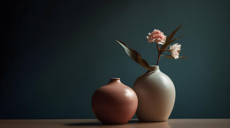 Two ceramic vases with pink flowers on a dark green background.の素材