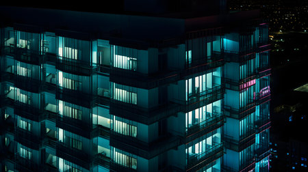 Night view of skyscrapers with neon lights in modern city.の素材