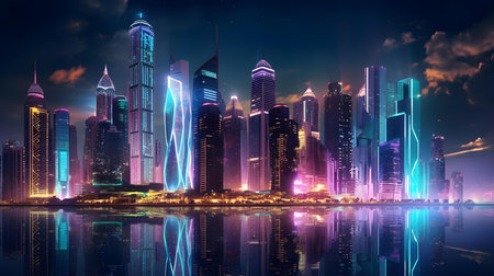 Futuristic city at night with neon lights, 3d renderingの素材
