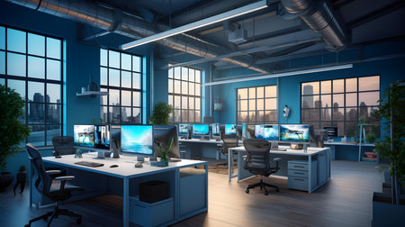 Modern office interior with computers and city view. 3D renderingの素材