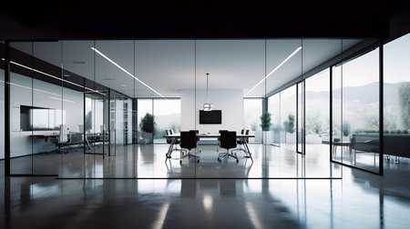 Interior of modern office with white walls, tiled floor, rows of computer tables and glass doors. 3d renderingの素材