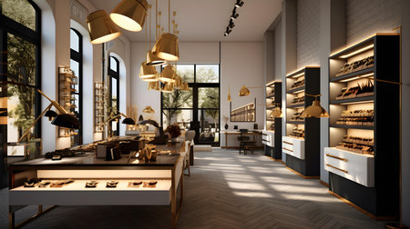 3D rendering of the interior of a luxury jewelry store with gold elementsの素材