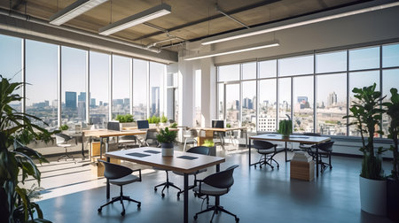 Interior of modern open space office with panoramic city viewの素材