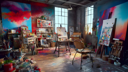 Artist's studio with colorful painting on canvas. Art and creativity concept.の素材