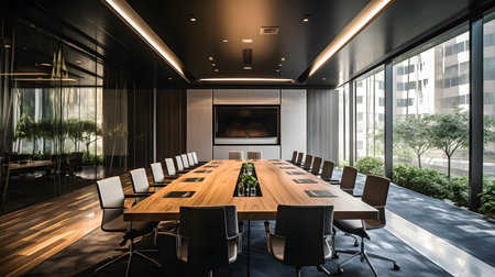 Interior of modern meeting room with wooden table and black chairs.の素材