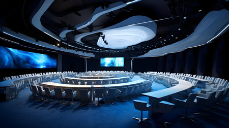 3D rendering of a modern conference hall with blue and white chairsの素材