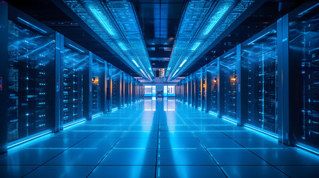 Server room data center hallway with blue lights.の素材