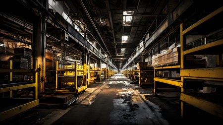 Interior of a large industrial warehouse, toned in yellow.の素材