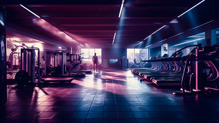 Interior of a fitness hall with equipment and neon lights. Toned imageの素材