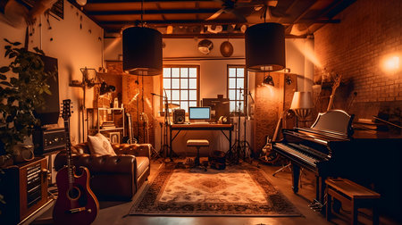 Interior of an old loft music studio with guitar, piano and chairの素材