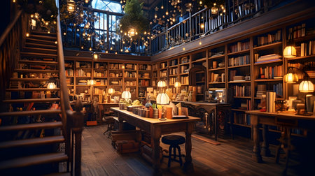 Interior of an old library with bookshelf and books.の素材