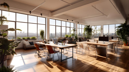 Modern office interior with panoramic city view.の素材